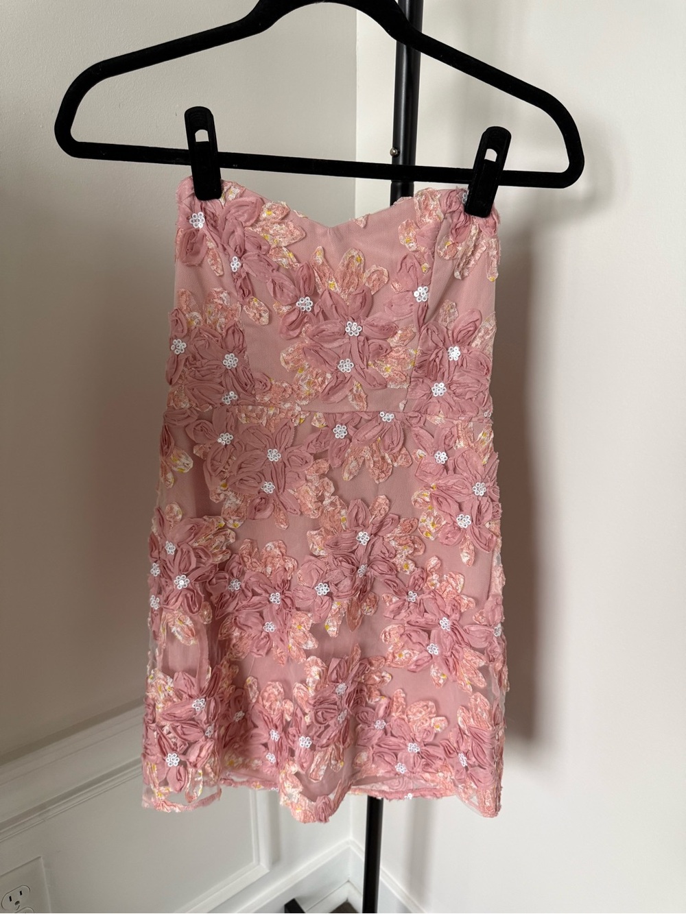 Never Worn Embroidered Pink Floral Strapless Mini Dress